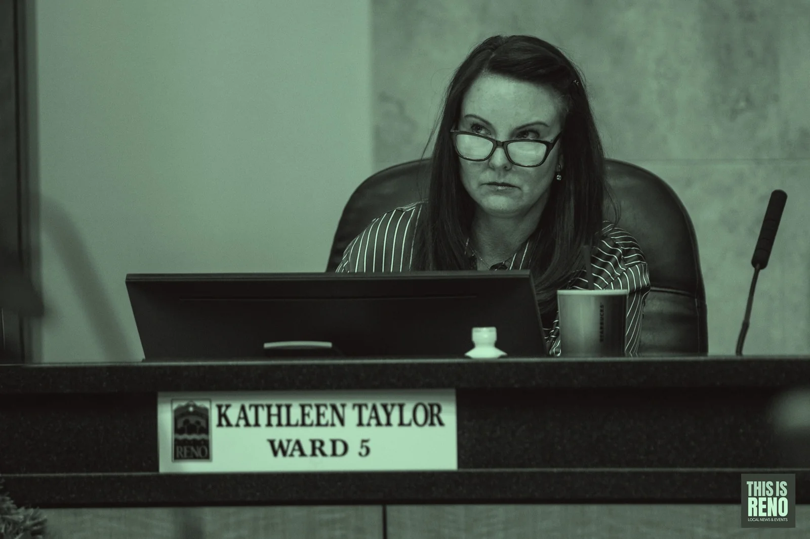 Kathleen Taylor at her seat on the Reno City Council dais